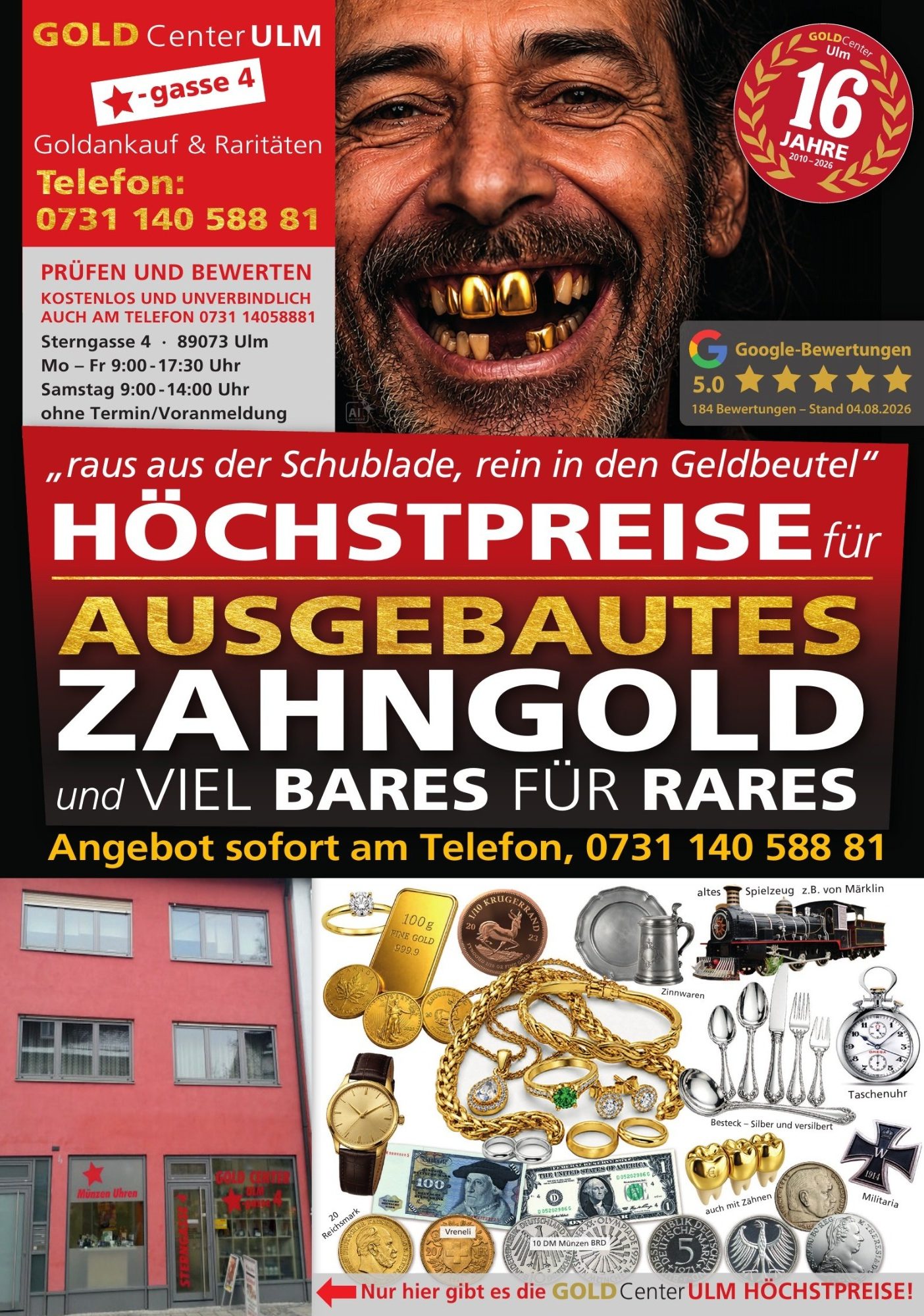 GOLDCenter ULM Flyer: Höchstpreise für ausgebautes Zahngold, Goldankauf Sterngasse 4 Ulm, Telefon 0731 140 588 81