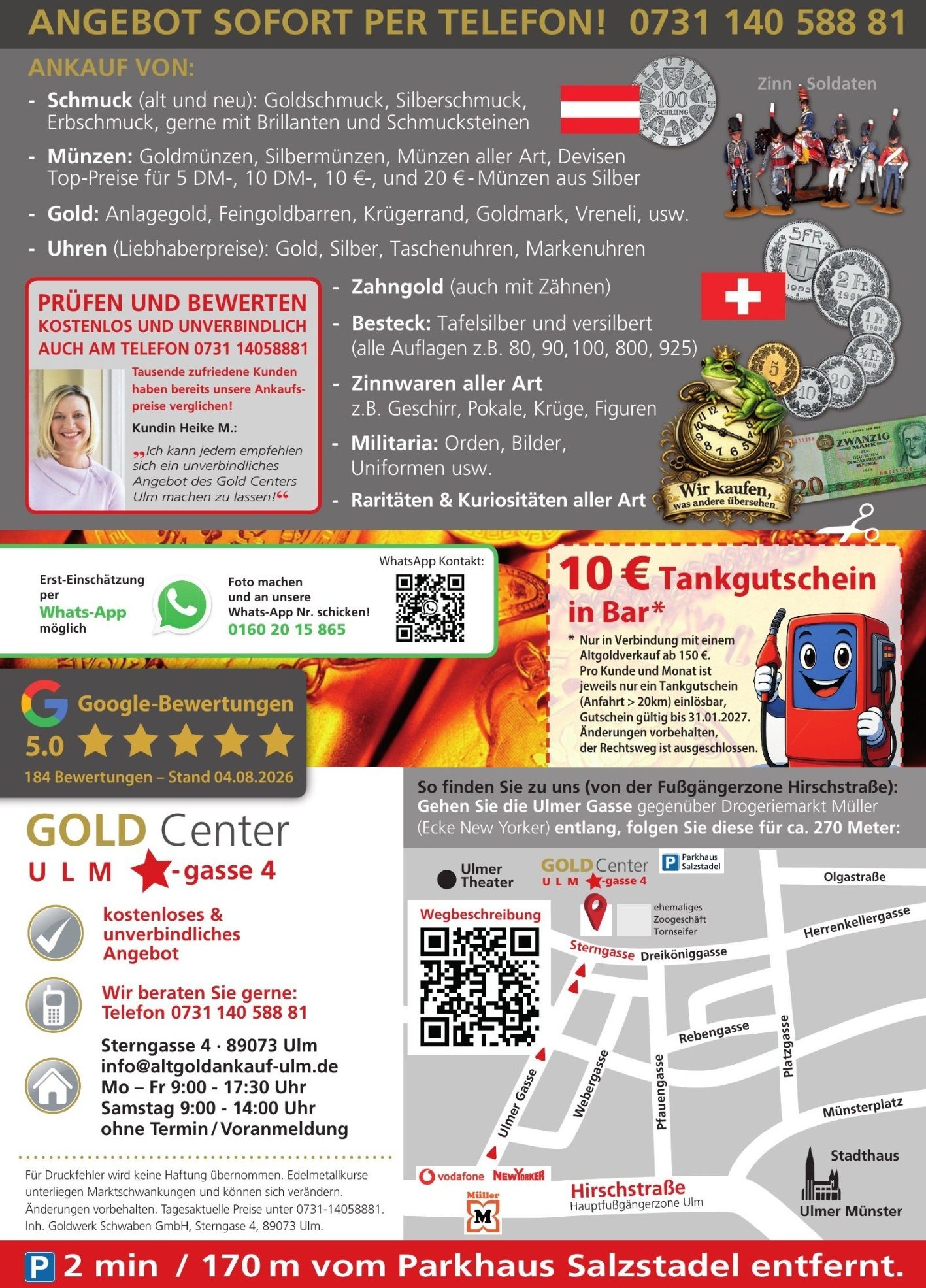 GOLDCenter ULM Flyer: Ankauf von Goldschmuck, Münzen, Krügerrand, Goldbarren, Zahngold, Silberbesteck und Zinn in Ulm